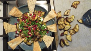 Pomegranate & Eggplant Salad with pita wedges